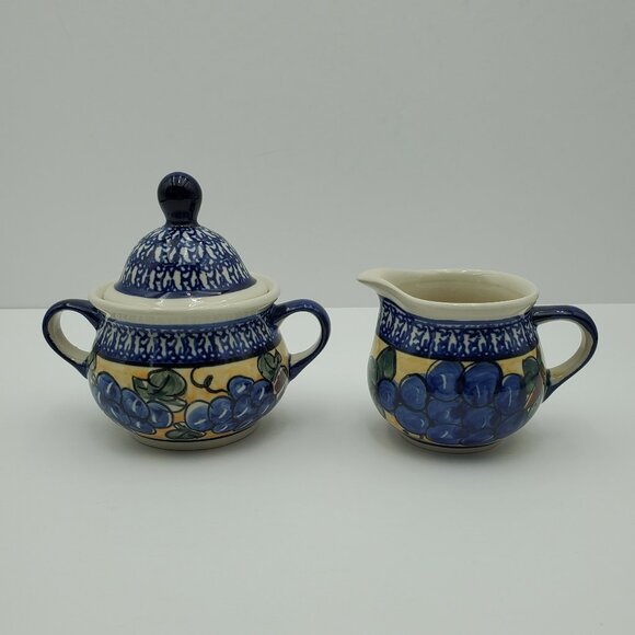 Polish Pottery Tuscan Grapes Cream & Sugar Set Grapes Creamer and Sugar Bowl - Picture 16 of 16